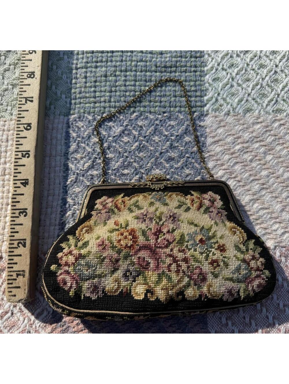 Vintage Floral Needlepoint Handbag with Chain Strap